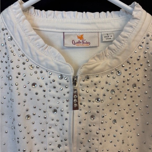 Quacker Factory White Studded Ruffle Jean Jacket Women’s Large Style #A261709 - Picture 3 of 11
